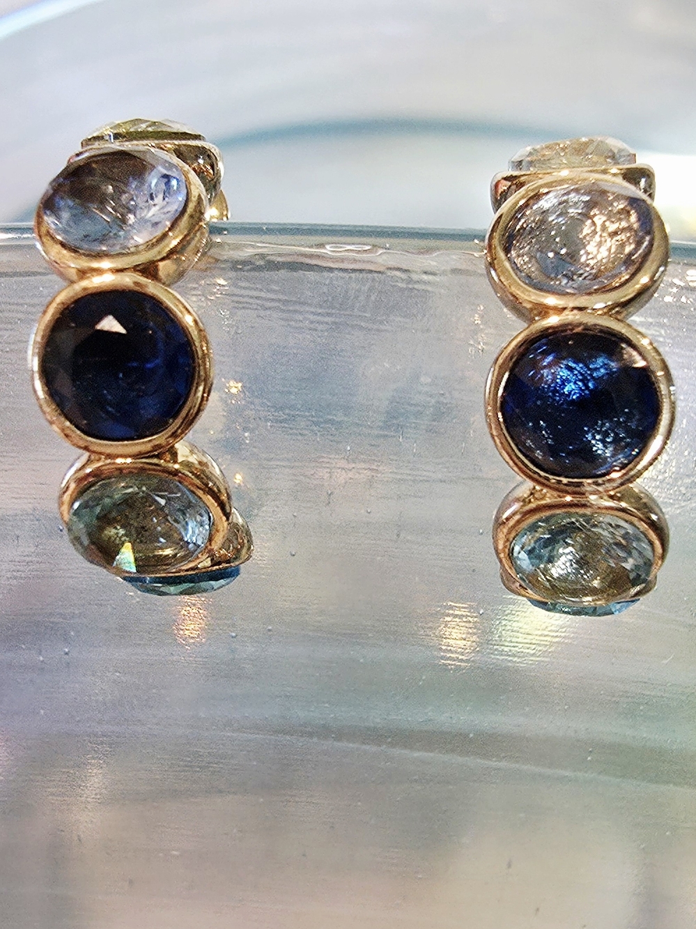 Gold Tone Earrings with Deep Blue and Light Blue Gemstones